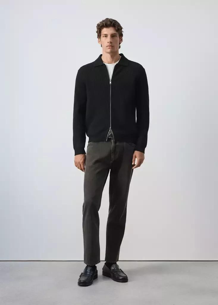 Black Wool-Blend Ribbed Cardigan, Black, medium
