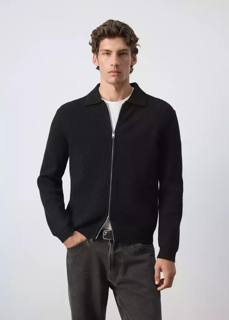Black Wool-Blend Ribbed Cardigan, Black, medium