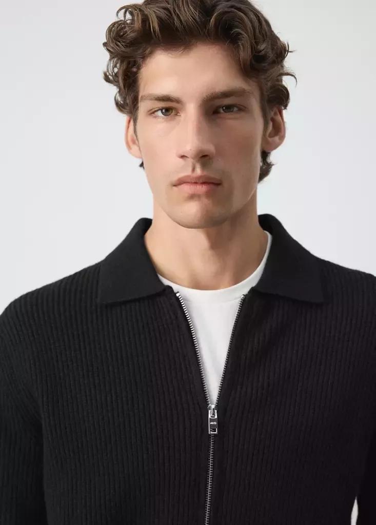 Black Wool-Blend Ribbed Cardigan, Black, large image number 3