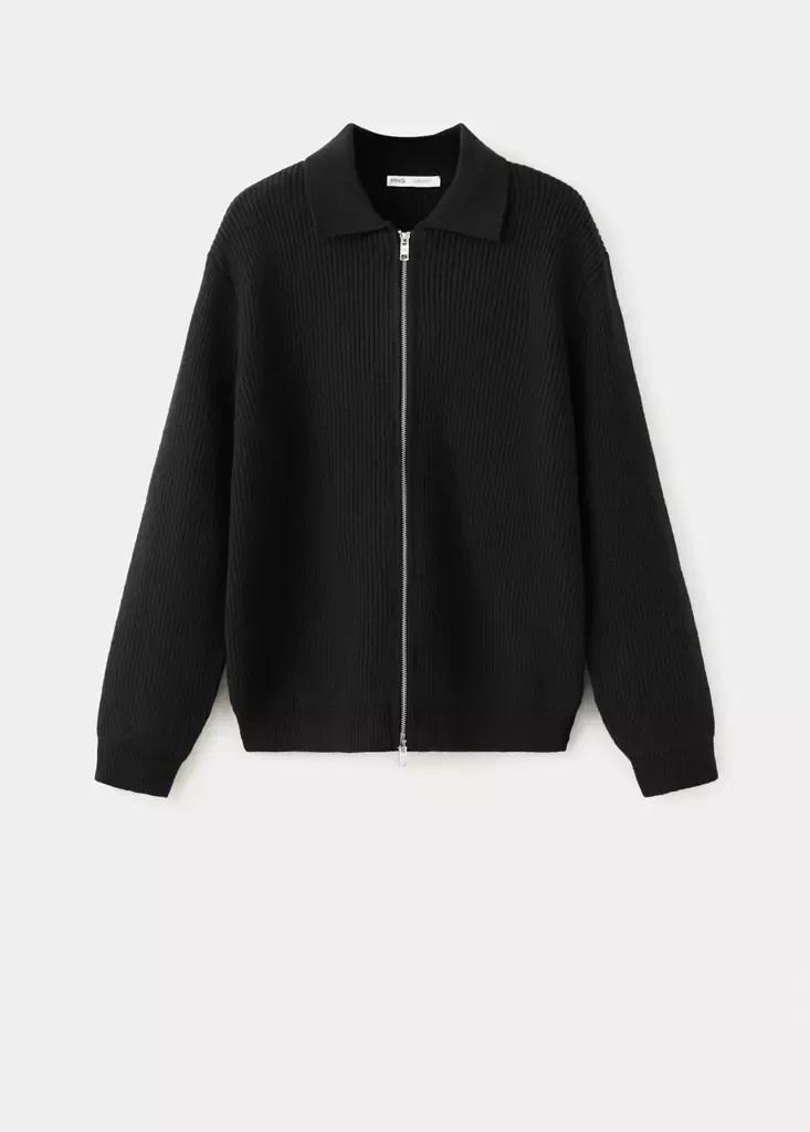 Black Wool-Blend Ribbed Cardigan, Black, large image number 5