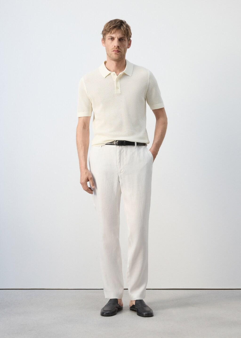 White Slim-Fit Linen Trousers, Natural White, large image number 0