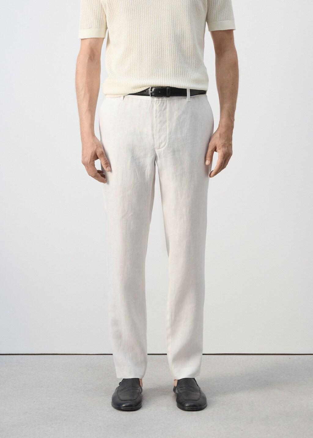 White Slim-Fit Linen Trousers, Natural White, large image number 3