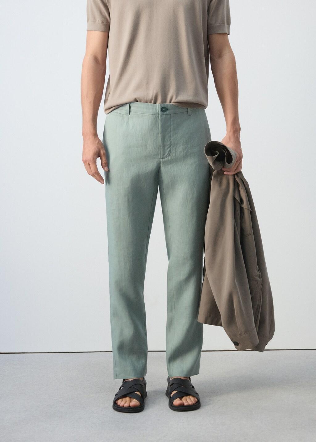 Green Slim-Fit Linen Trousers, Bright Green, large image number 3