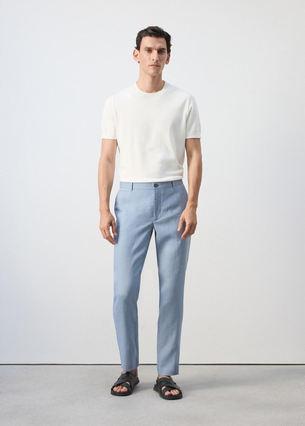 Blue Slim-Fit Linen Trousers, Light-Pastel Blue, large image number 0