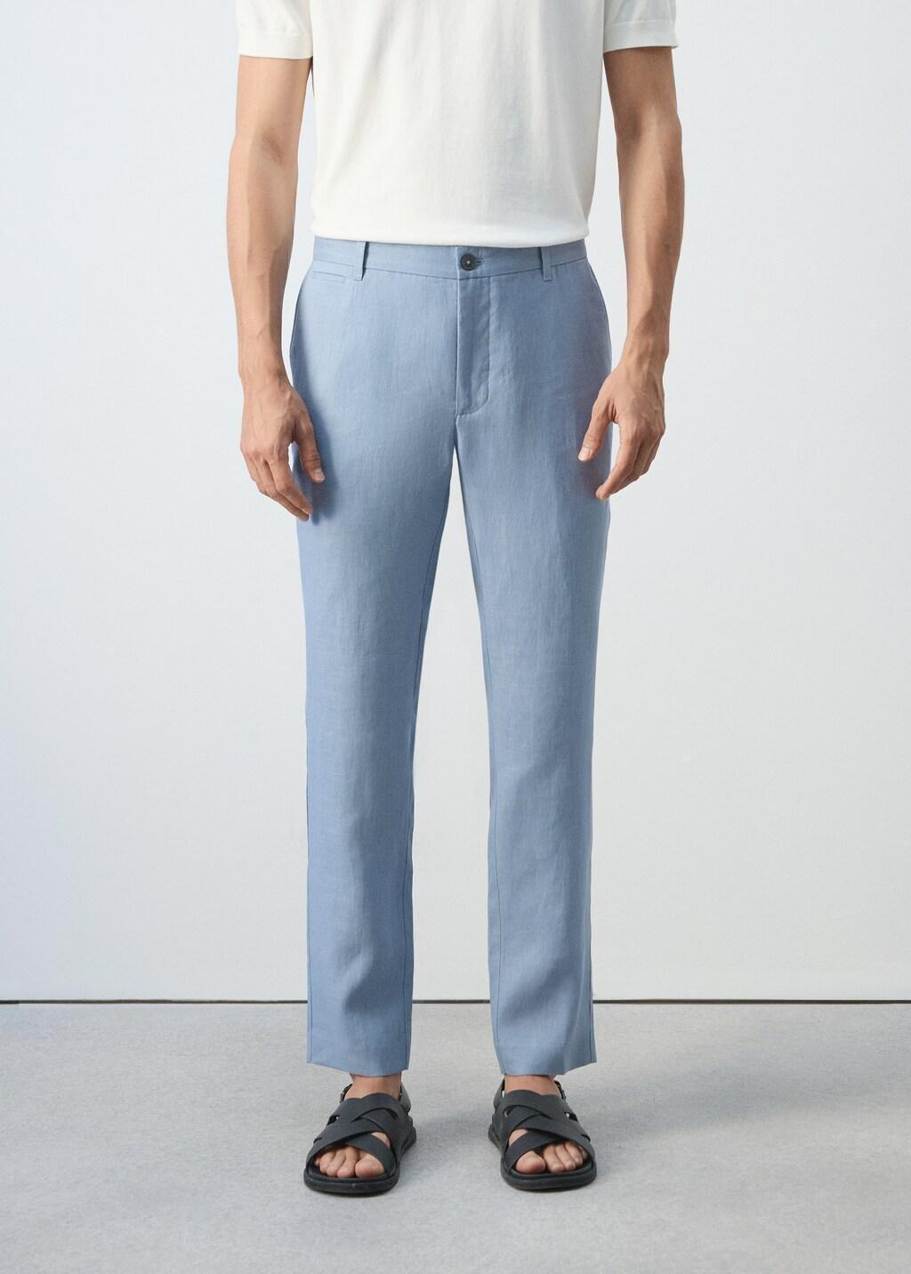 Blue Slim-Fit Linen Trousers, Light-Pastel Blue, large image number 3