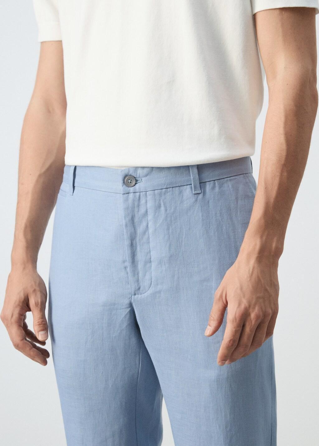Blue Slim-Fit Linen Trousers, Light-Pastel Blue, large image number 4