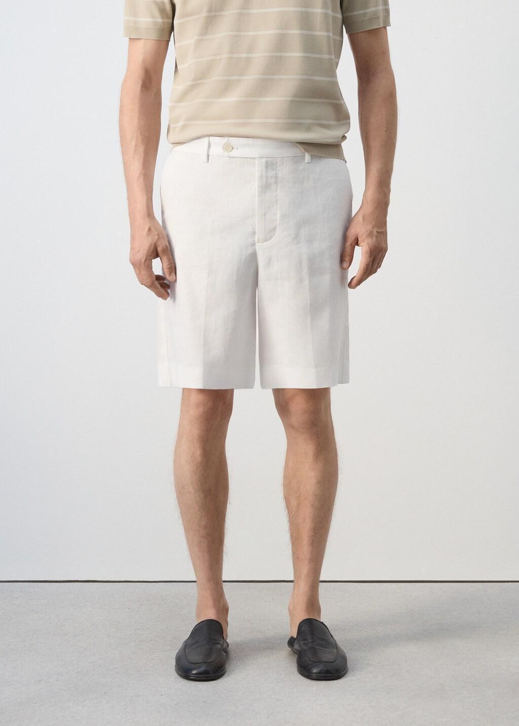 White Regular Fit 100% Linen Bermuda Shorts, Natural White, large image number 3