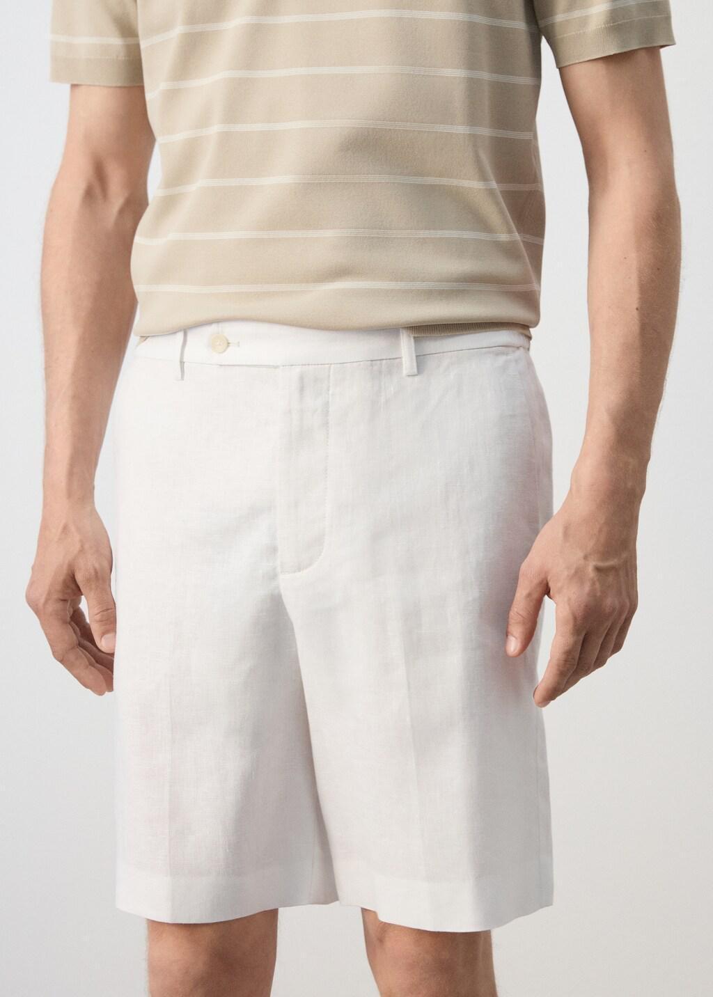 White Regular Fit 100% Linen Bermuda Shorts, Natural White, large image number 4
