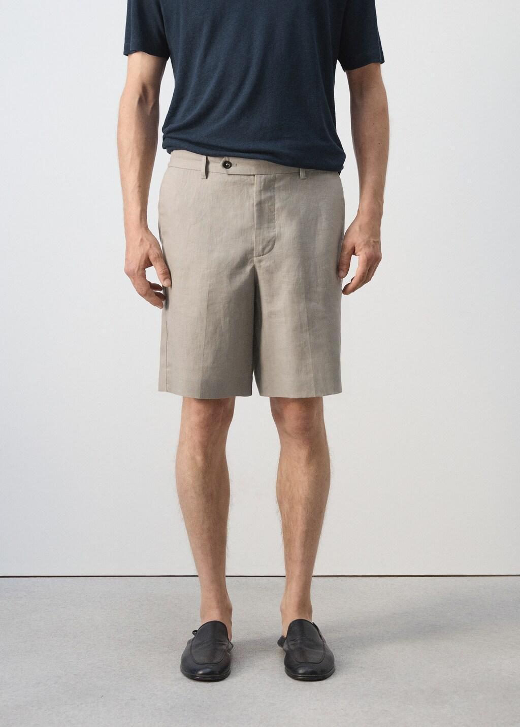 Brown Regular Fit Linen Bermuda Shorts, Medium Brown, large image number 3