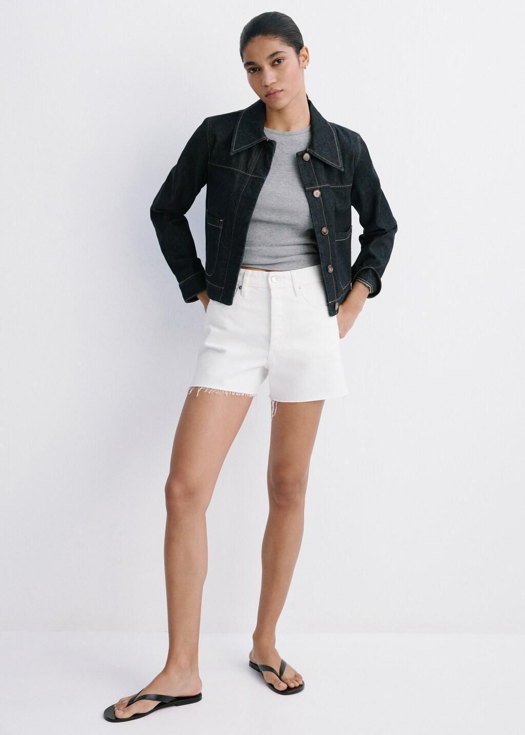 White Denim Shorts With Frayed Hem, White, large image number 0