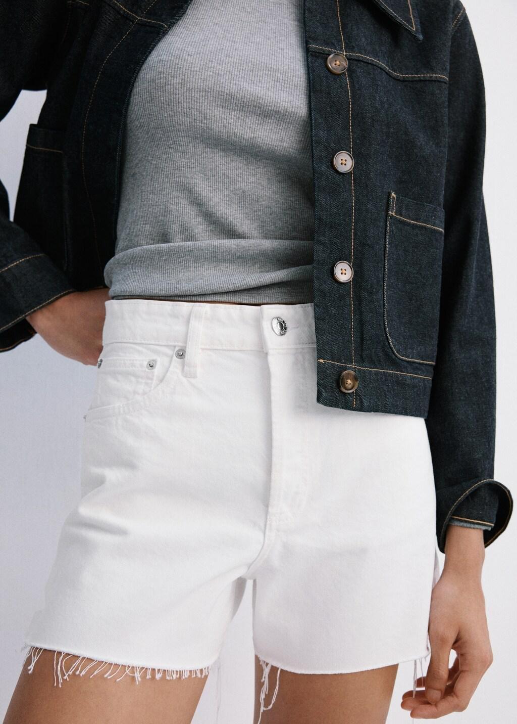White Denim Shorts With Frayed Hem, White, large image number 3