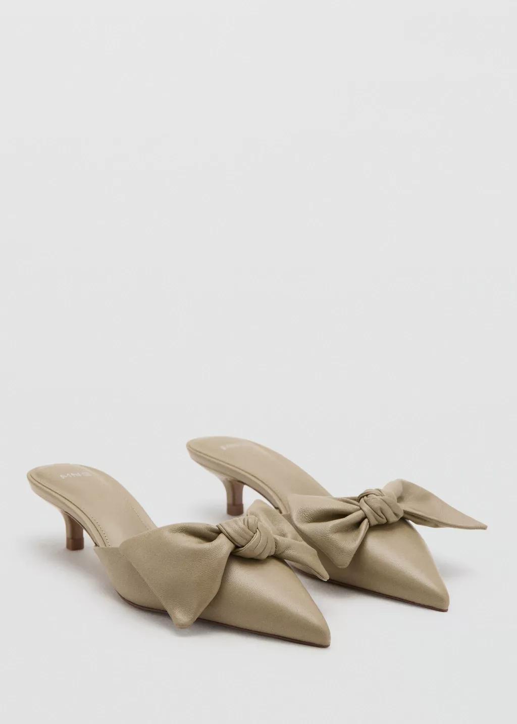 Beige Heeled Leather Shoes With Bow, Light Beige, large image number 0