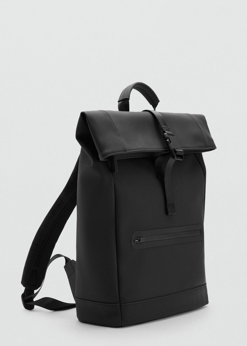 Black Rubberized Backpack With Flap Closure, Black, medium