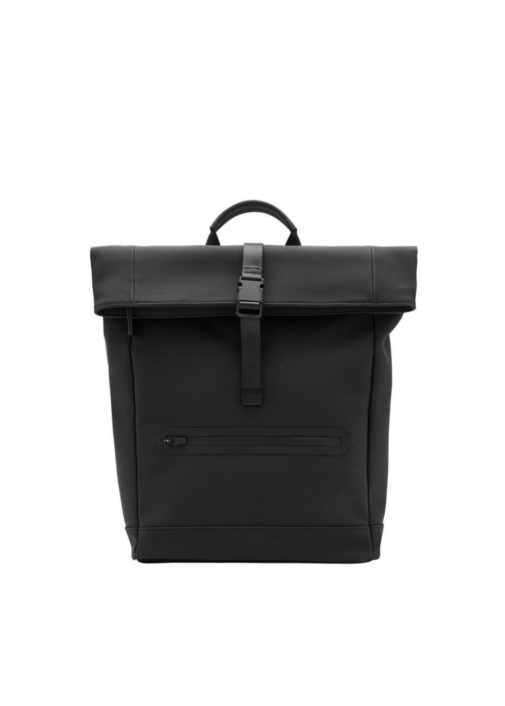 Black Rubberized Backpack With Flap Closure, Black, medium