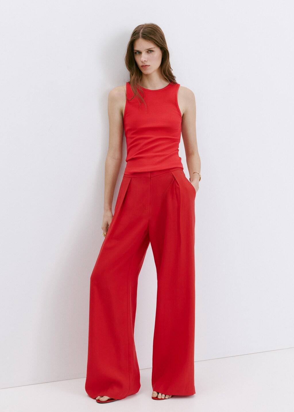 Red Ribbed Cotton-Blend Top, Red, large image number 0