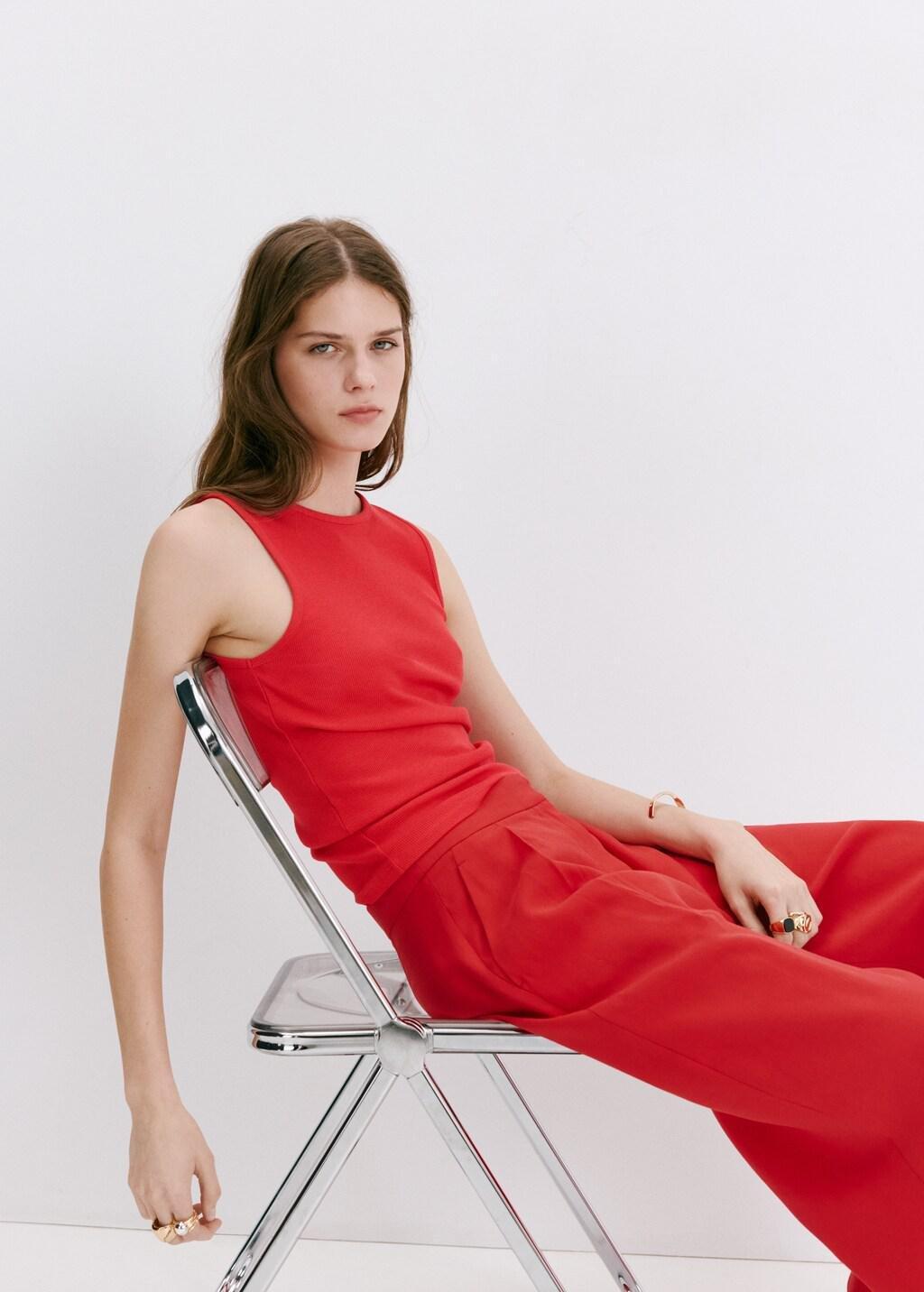Red Ribbed Cotton-Blend Top, Red, large image number 4