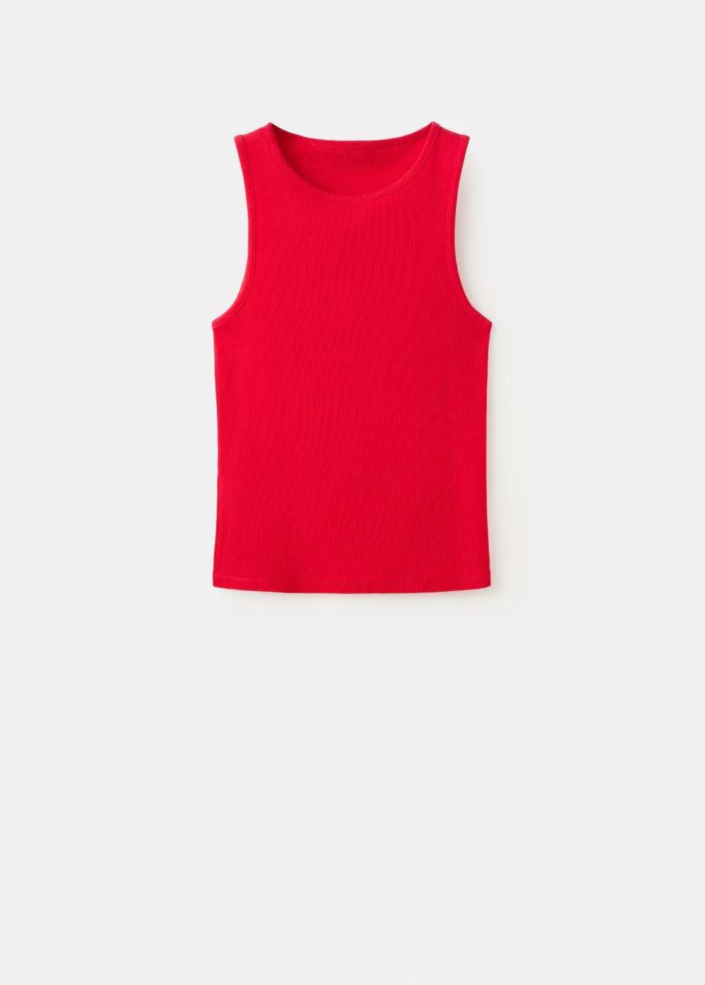 Red Ribbed Cotton-Blend Top, Red, large image number 7