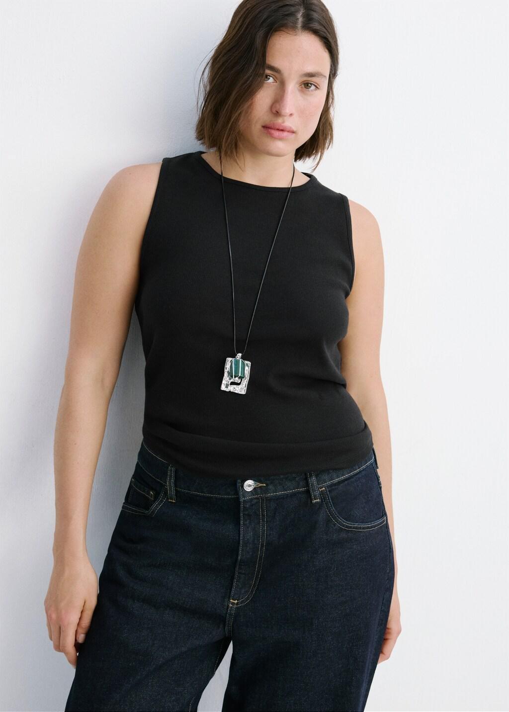 Black Ribbed Cotton-Blend Top, Black, large image number 10