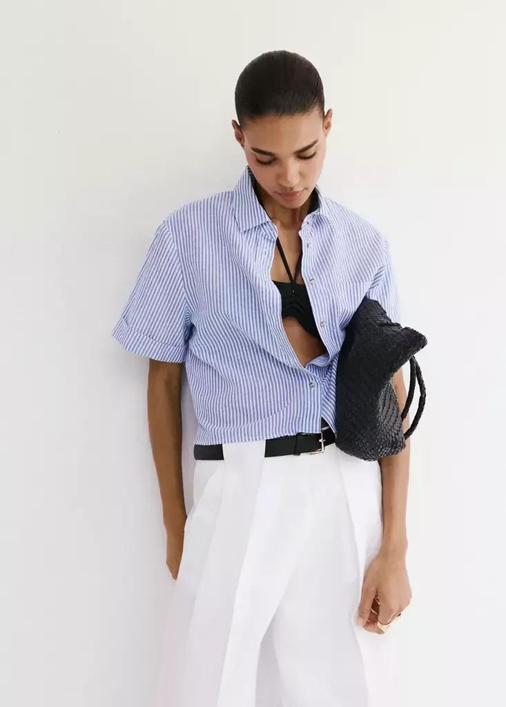 Blue Striped Cotton Linen Shirt, Light-Pastel Blue, large image number 0