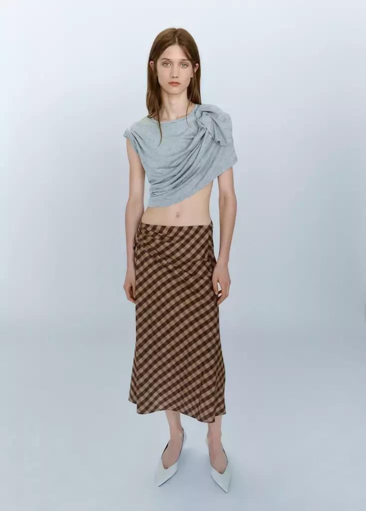 Brown Gingham Skirt With Draped Detail, Dark Brown, medium