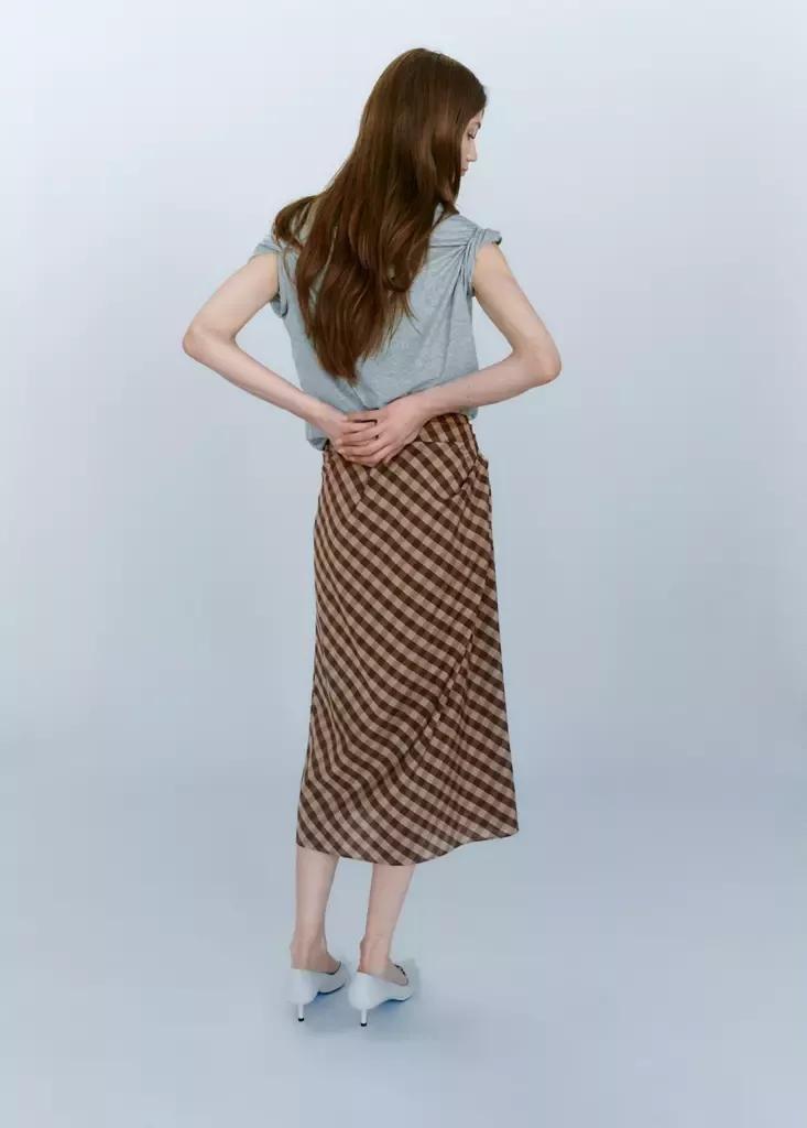 Brown Gingham Skirt With Draped Detail, Dark Brown, medium