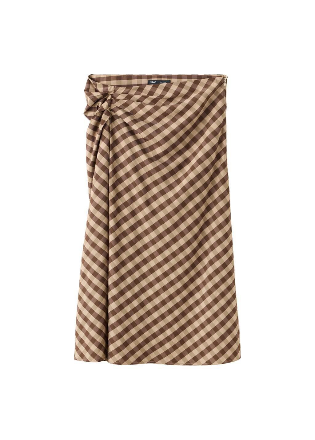 Brown Gingham Skirt With Draped Detail, Dark Brown, large image number 4