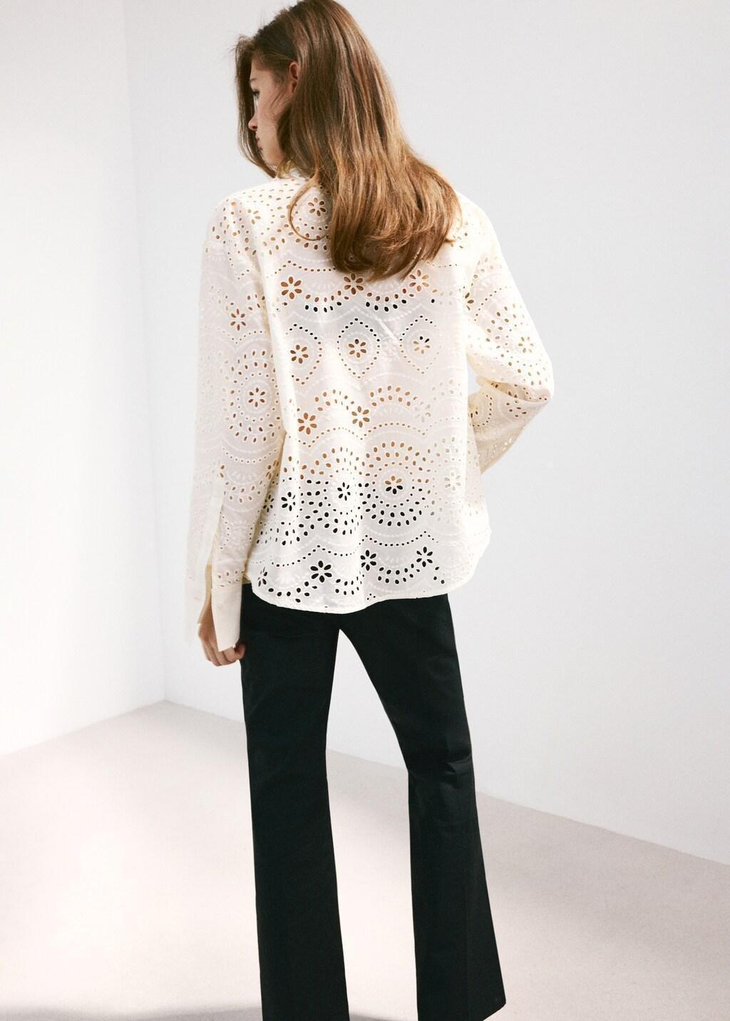 Beige Cotton Shirt With Broderie Anglaise Embroidery, Light Beige, large image number 2