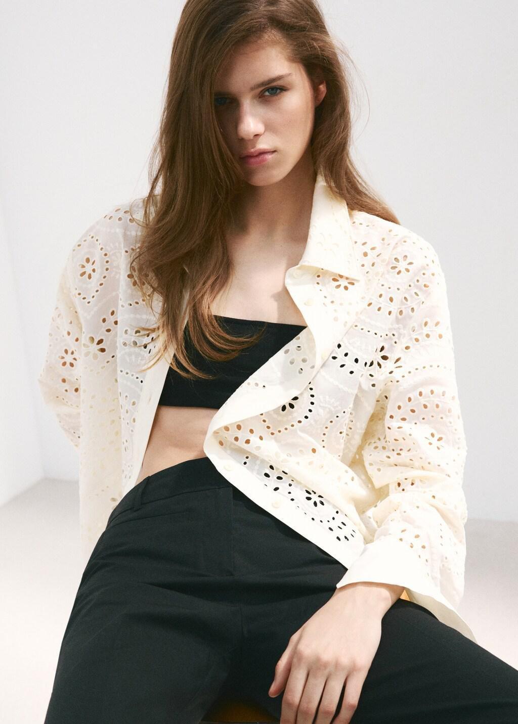 Beige Cotton Shirt With Broderie Anglaise Embroidery, Light Beige, large image number 3