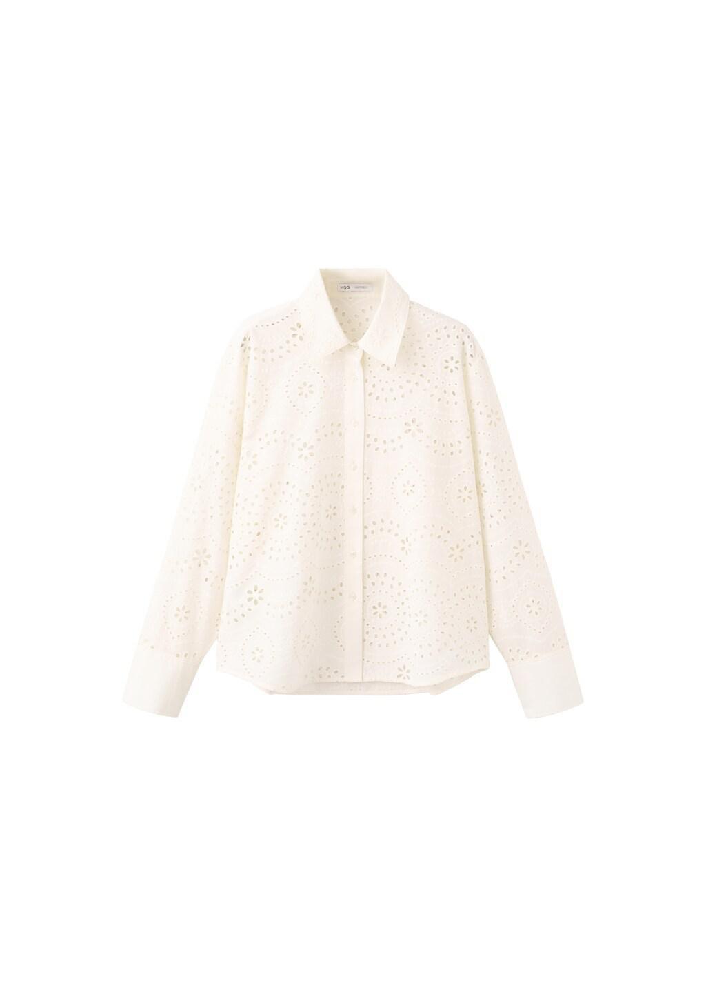 Beige Cotton Shirt With Broderie Anglaise Embroidery, Light Beige, large image number 6