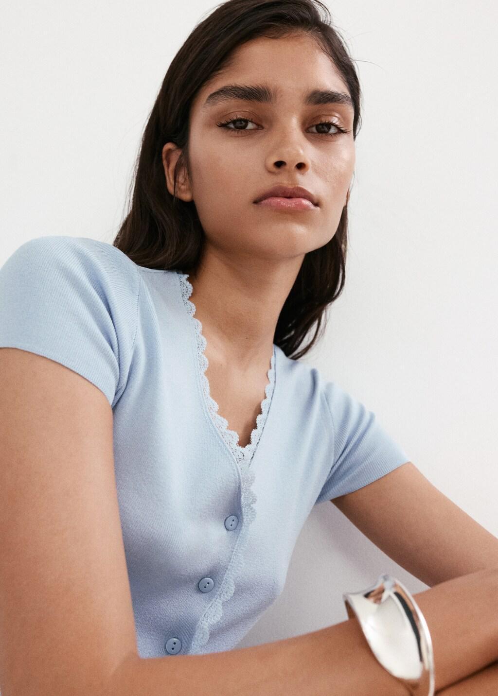 Blue Lt Pastel Fine Knit Cardigan With Lace Details, Light-Pastel Blue, large image number 4