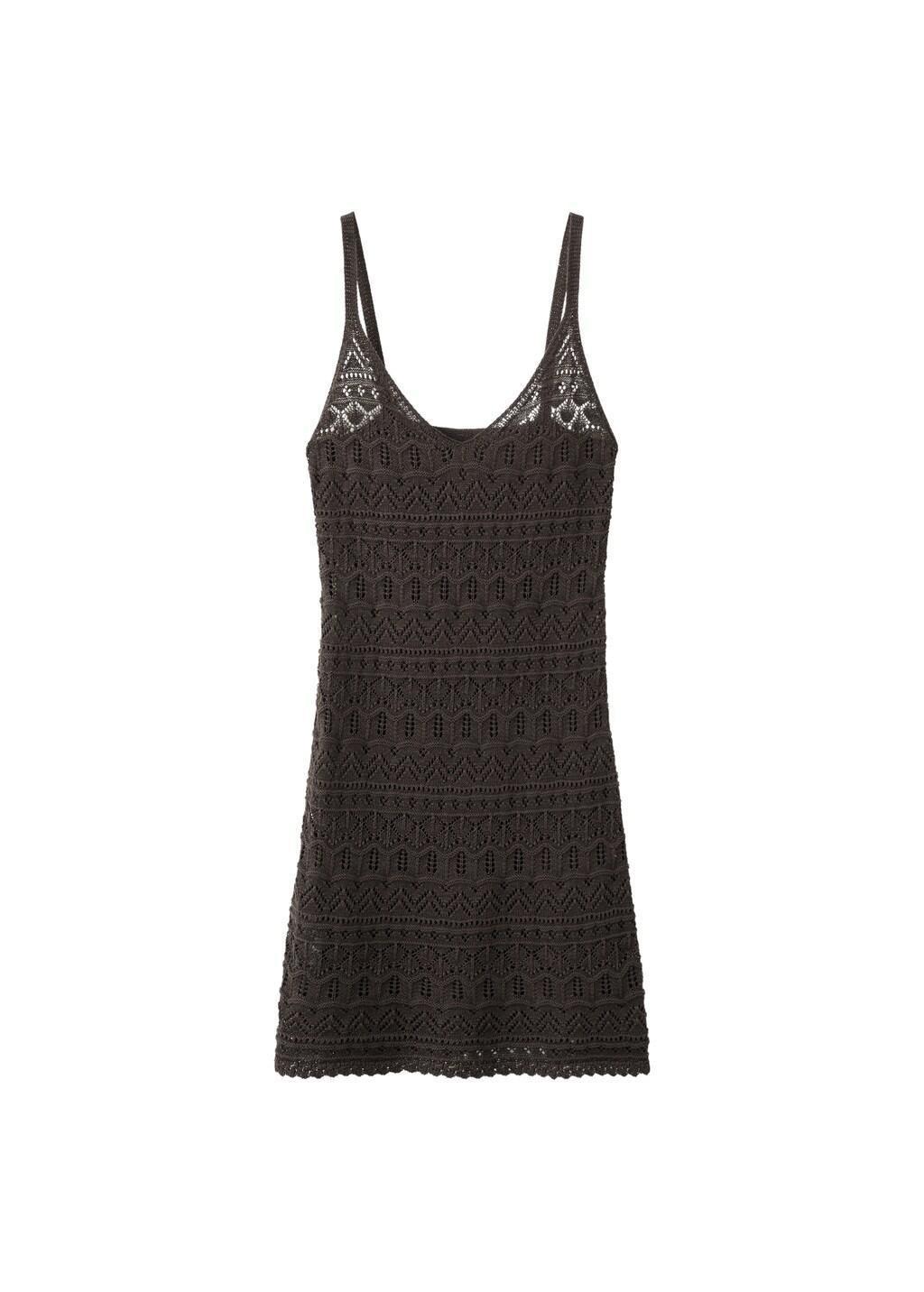 Brown Scalloped Hem Crochet Dress, Dark Brown, large image number 6