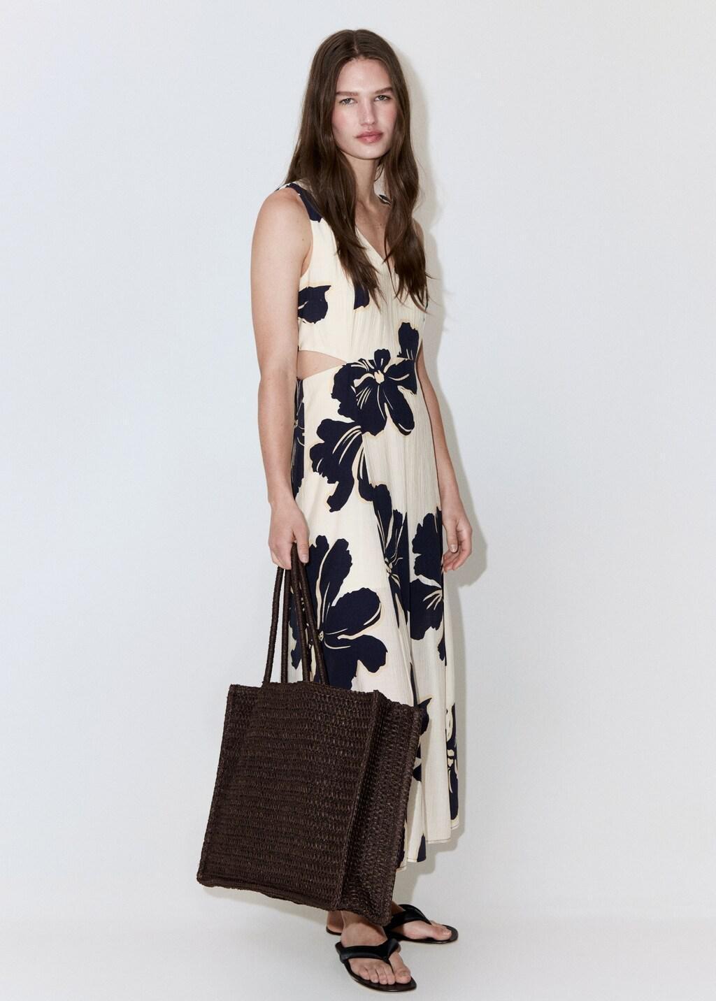 Beige Floral Print Cut-Out Dress, Light Beige, medium