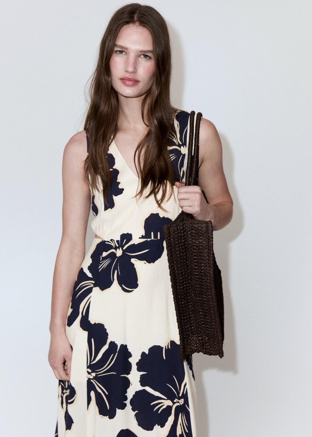 Beige Floral Print Cut-Out Dress, Light Beige, large image number 3
