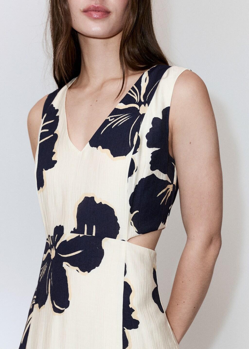 Beige Floral Print Cut-Out Dress, Light Beige, large image number 4