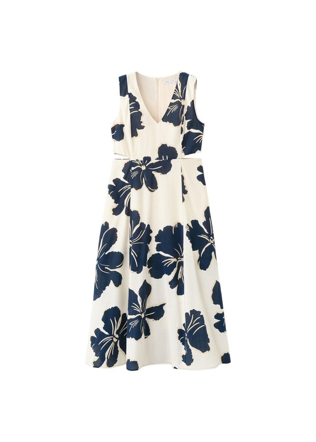 Beige Floral Print Cut-Out Dress, Light Beige, large image number 7