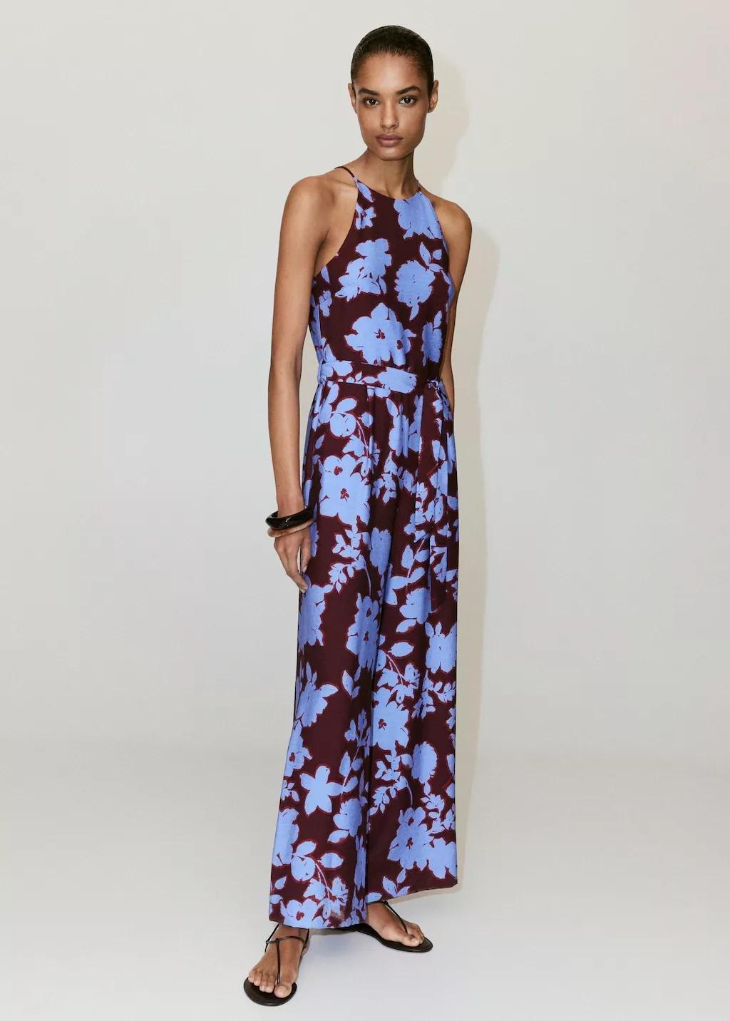 Blue Floral Print Jumpsuit With Belt, Medium Blue, large image number 0