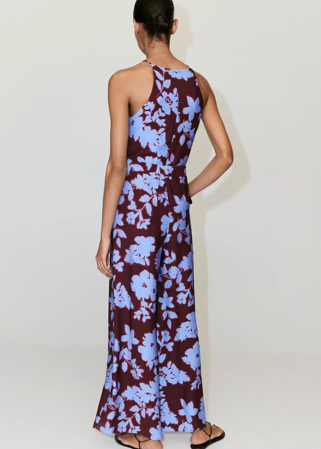 Blue Floral Print Jumpsuit With Belt, Medium Blue, large image number 2