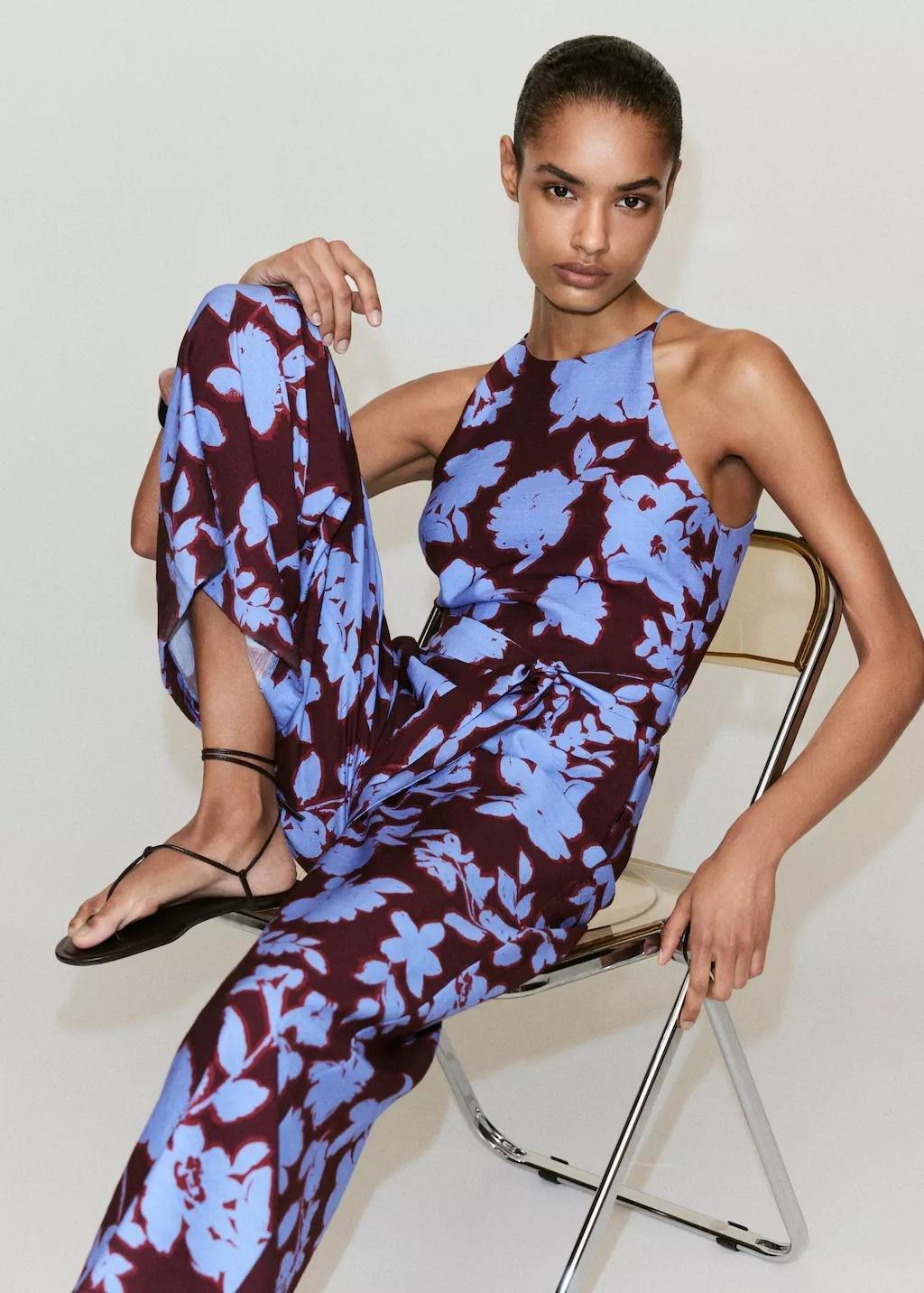 Blue Floral Print Jumpsuit With Belt, Medium Blue, large image number 3