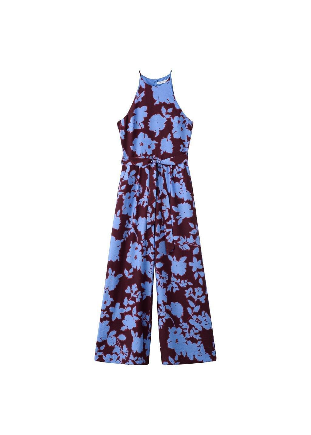 Blue Floral Print Jumpsuit With Belt, Medium Blue, large image number 6