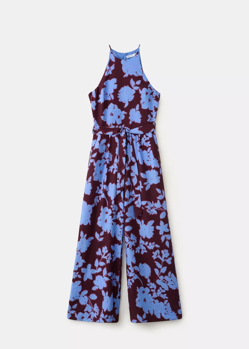 Blue Floral Print Jumpsuit With Belt, Medium Blue, large image number 7