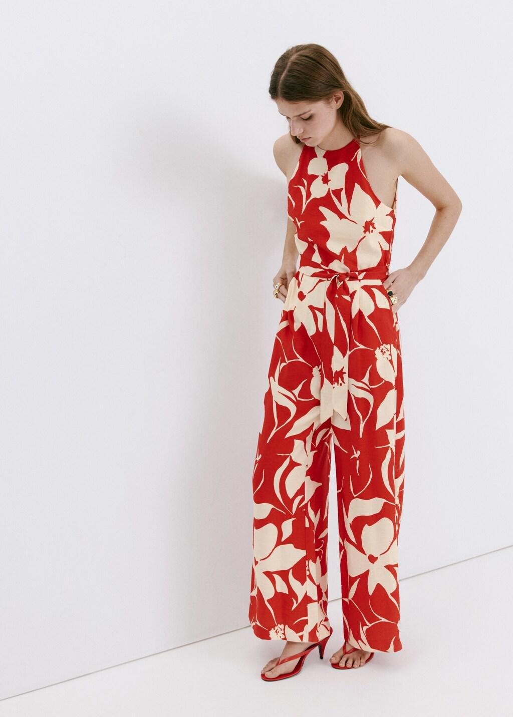 Red Floral Print Jumpsuit With Belt, Red, large image number 0