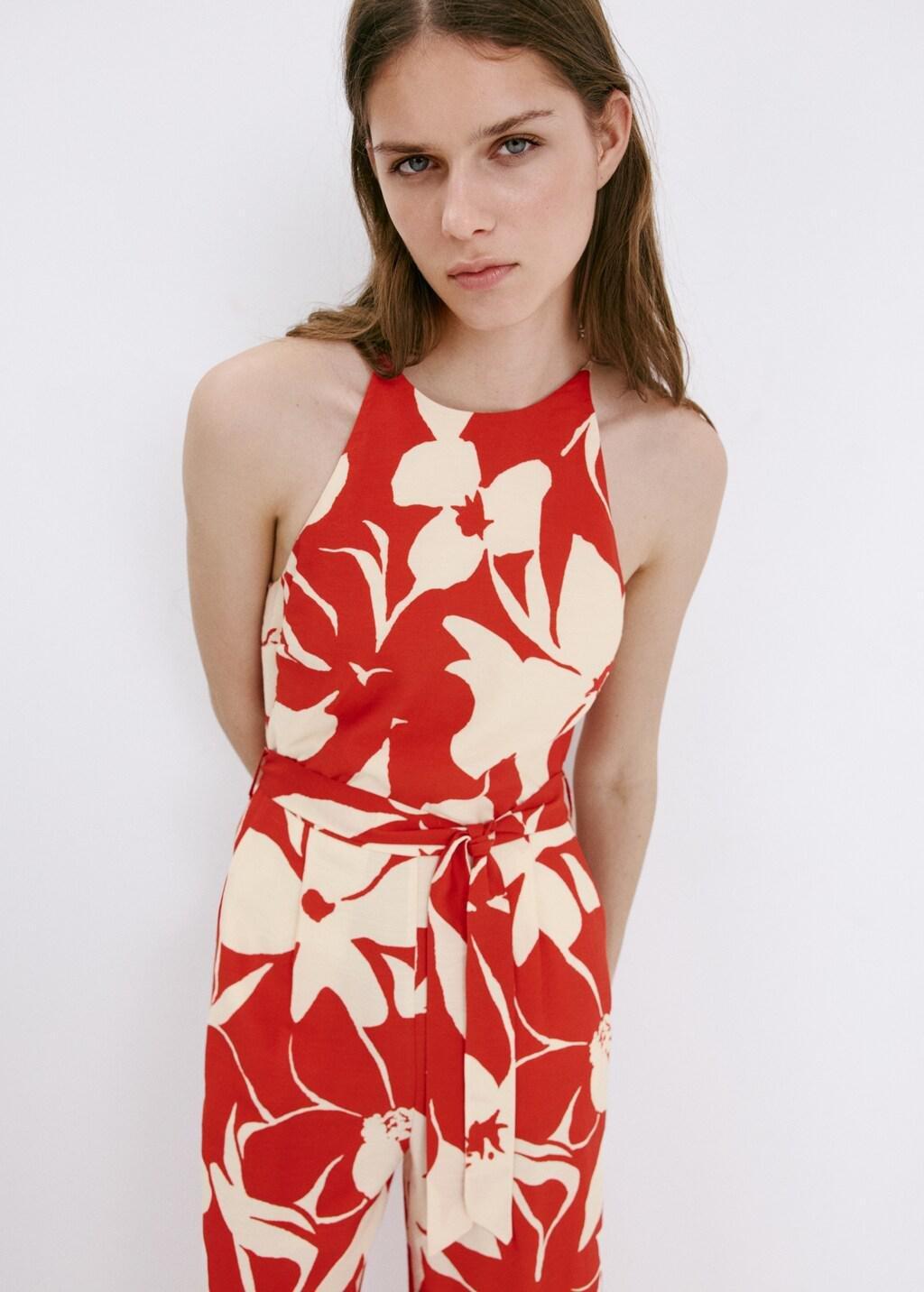 Red Floral Print Jumpsuit With Belt, Red, large image number 3