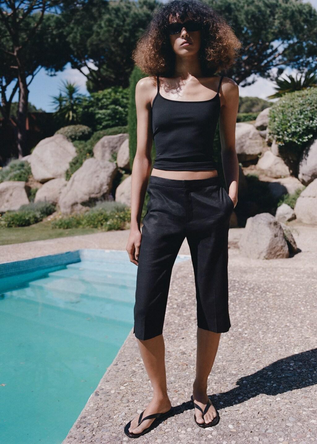 Black Linen Capri Trousers, Black, large image number 0