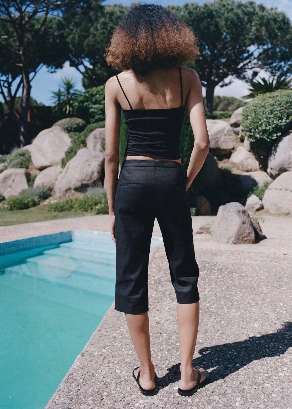 Black Linen Capri Trousers, Black, large image number 2