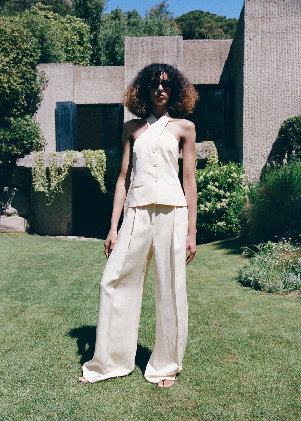 Beige Straight Pleat Linen Trousers, Light Beige, large image number 0