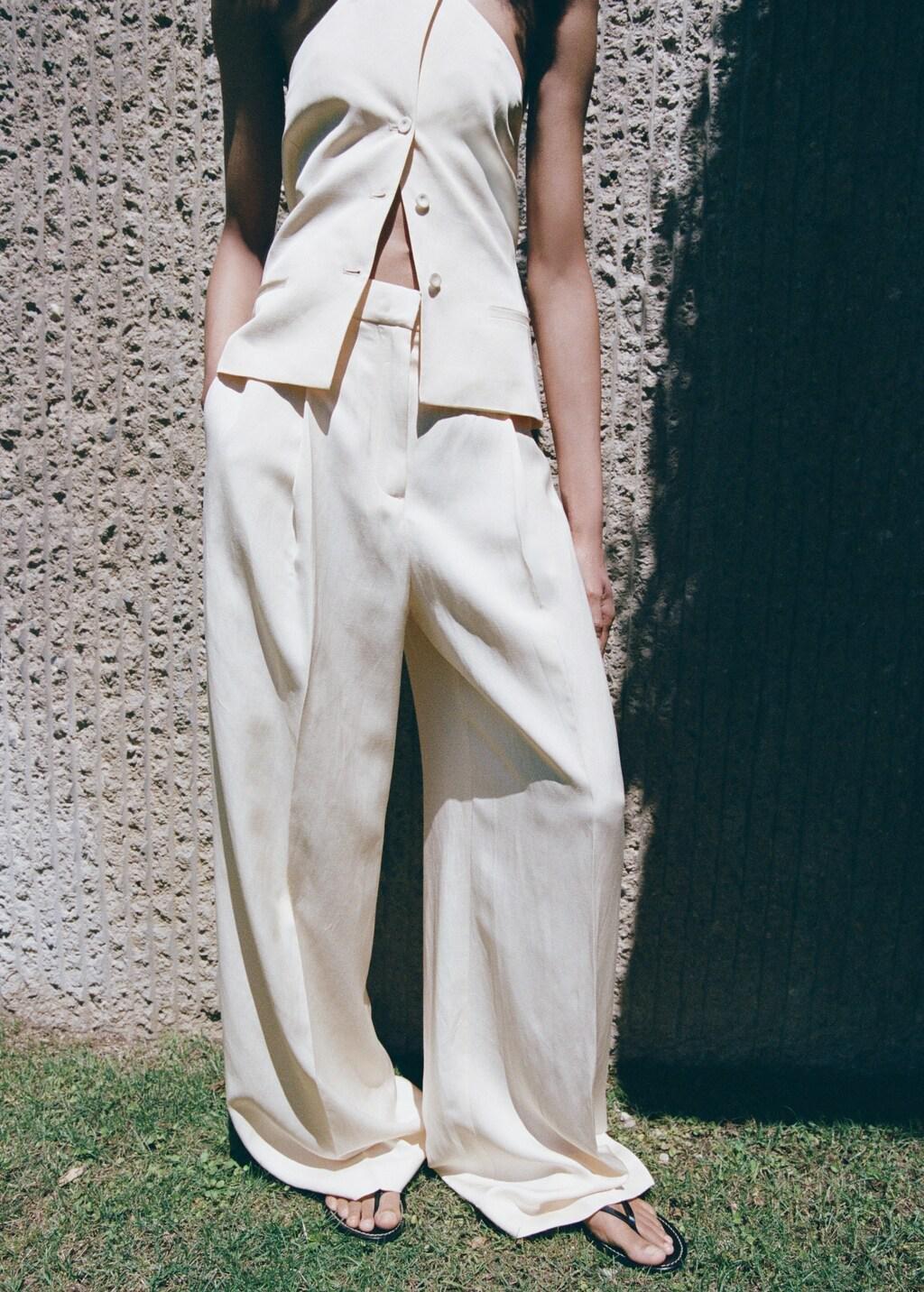 Beige Straight Pleat Linen Trousers, Light Beige, large image number 3