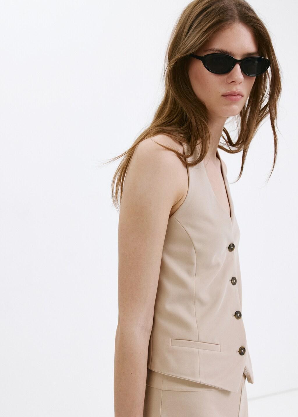 Brown Lt Pastel Halter-Neck Gilet With Buttons, Light Pastel Brown, large image number 3