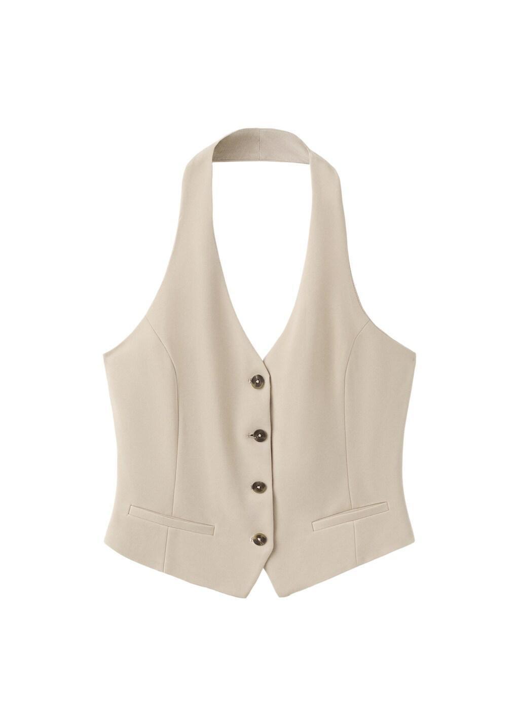 Brown Lt Pastel Halter-Neck Gilet With Buttons, Light Pastel Brown, large image number 6