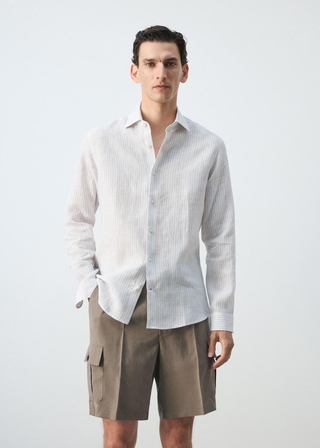 White 100% Linen Slim-Fit Shirt, White, large image number 3