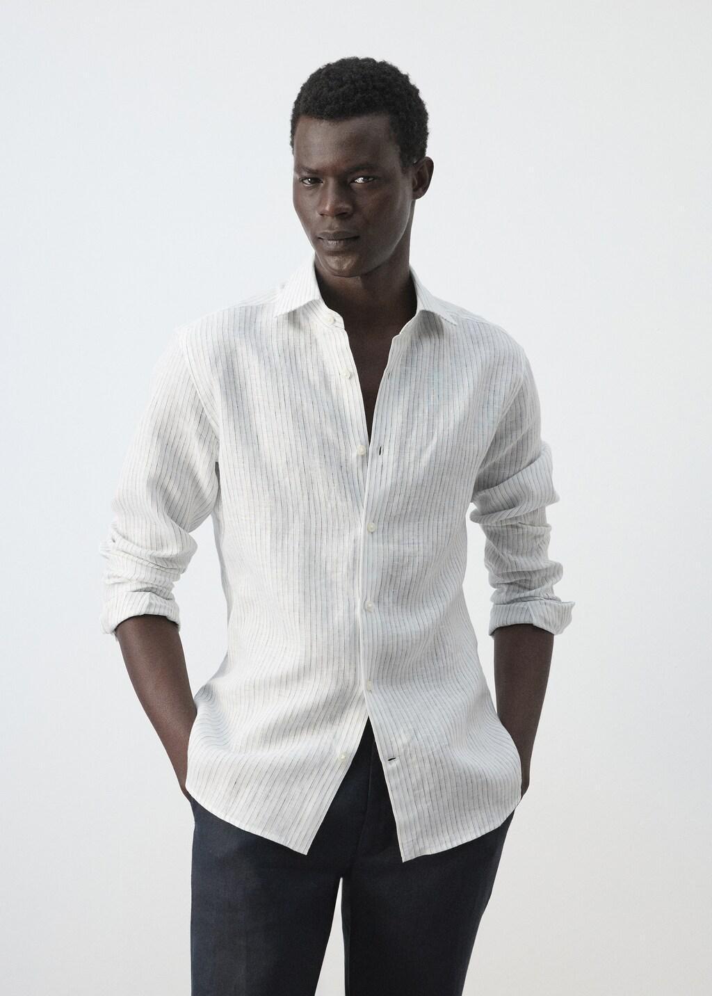 Blue Linen Slim-Fit Shirt, Light-Pastel Blue, large image number 3